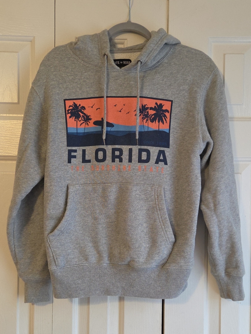 FLORIDA State of Mind Grey Hoodie with Orange and Navy Coastal Graphic